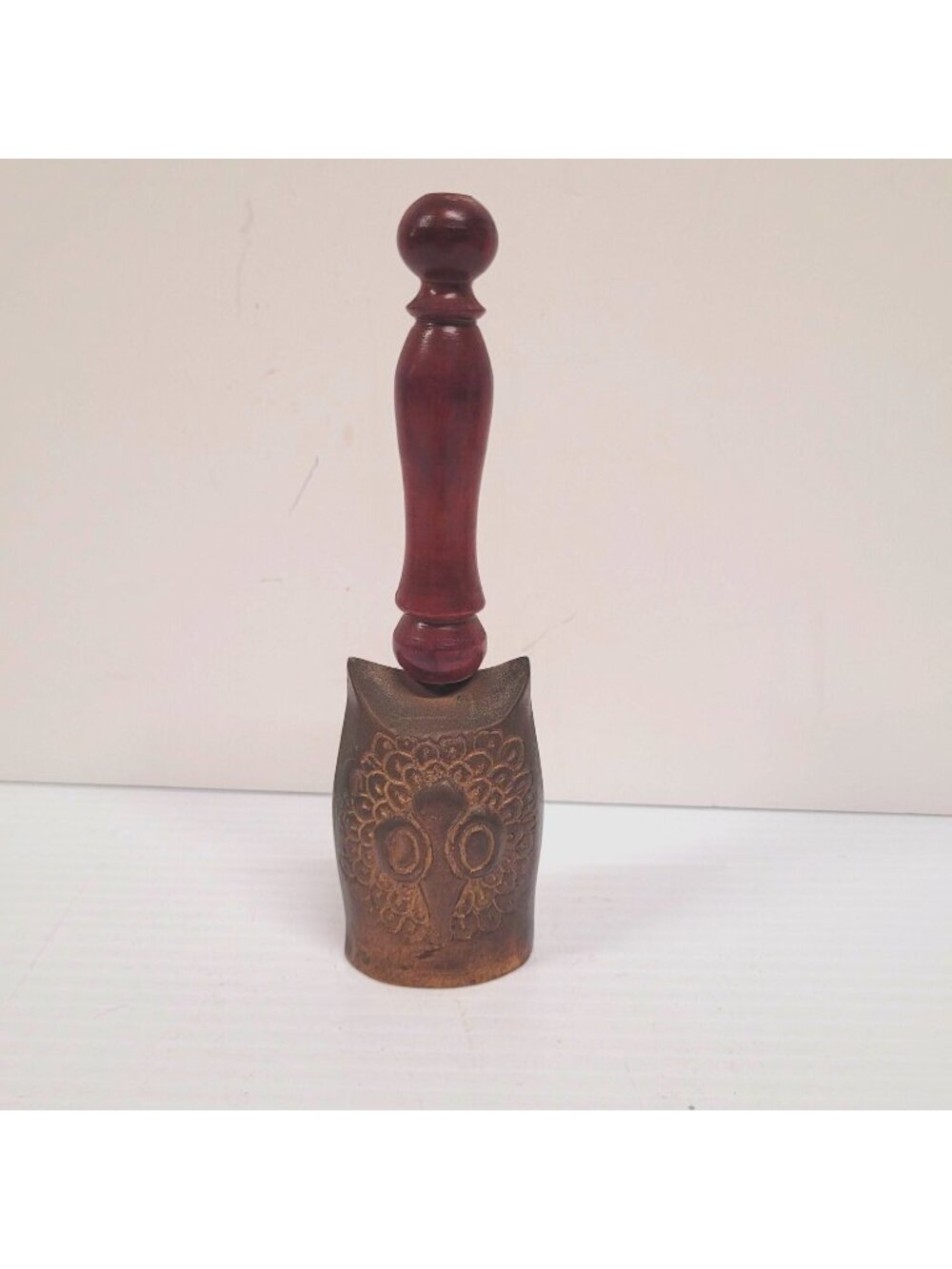 6'' Owl Bell Teak Wood Handle Embossed Owl Design Both Sides Patina Vintage